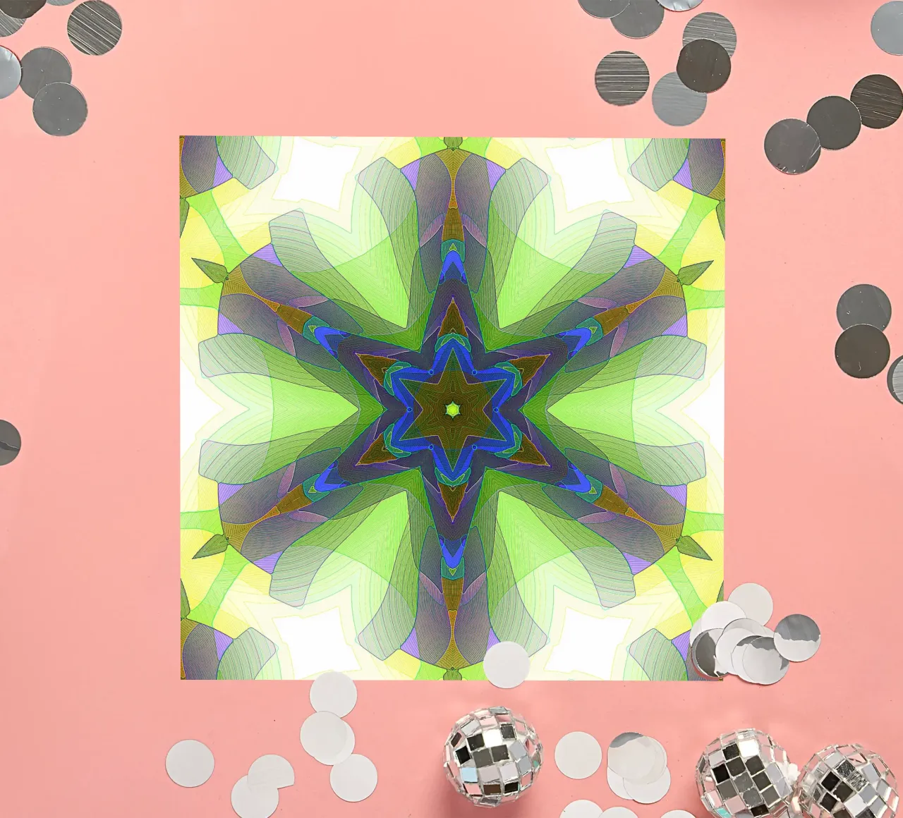 Kaléidoscope avec formes décorées dans les tons vert-jaune-bleu autocollant de Gürsel Yesil Digital Art