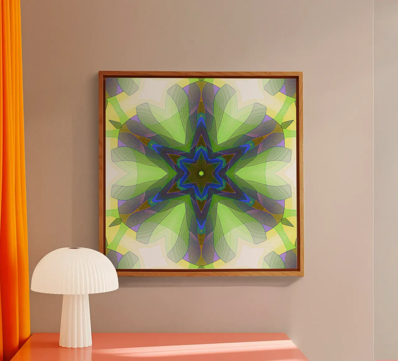 Kaléidoscope avec formes décorées dans les tons vert-jaune-bleu plexiglas de Gürsel Yesil Digital Art