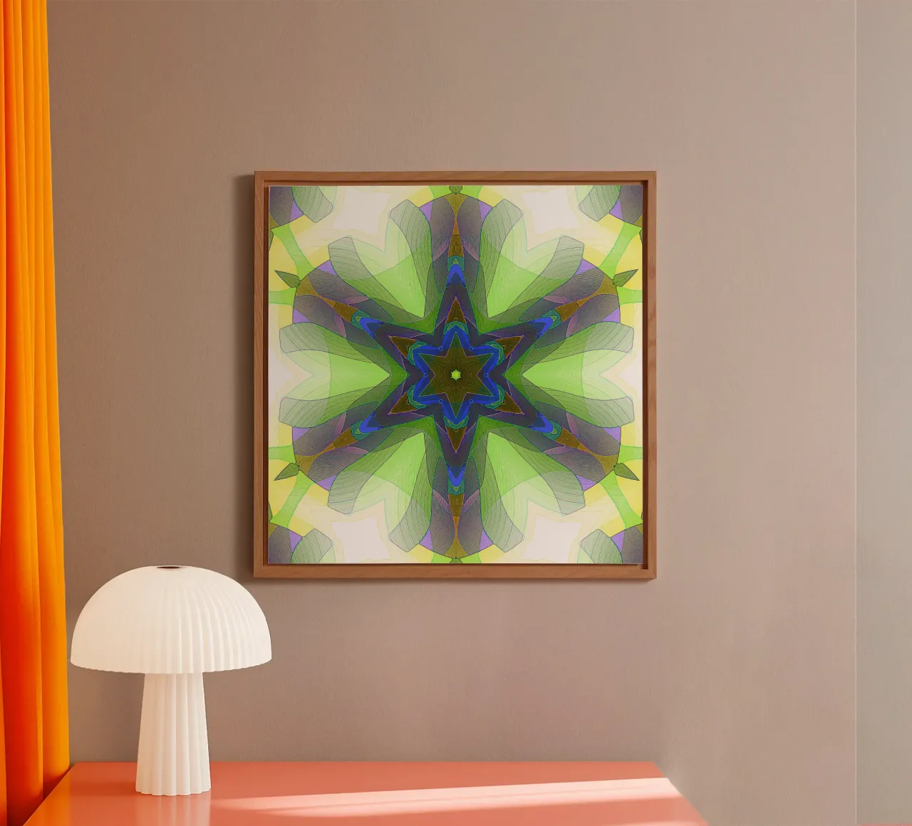 Kaléidoscope avec formes décorées dans les tons vert-jaune-bleu alu dibond de Gürsel Yesil Digital Art