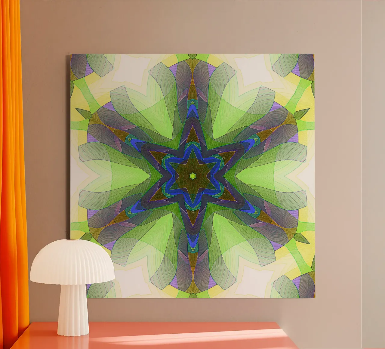 Kaléidoscope avec formes décorées dans les tons vert-jaune-bleu panneau forex de Gürsel Yesil Digital Art