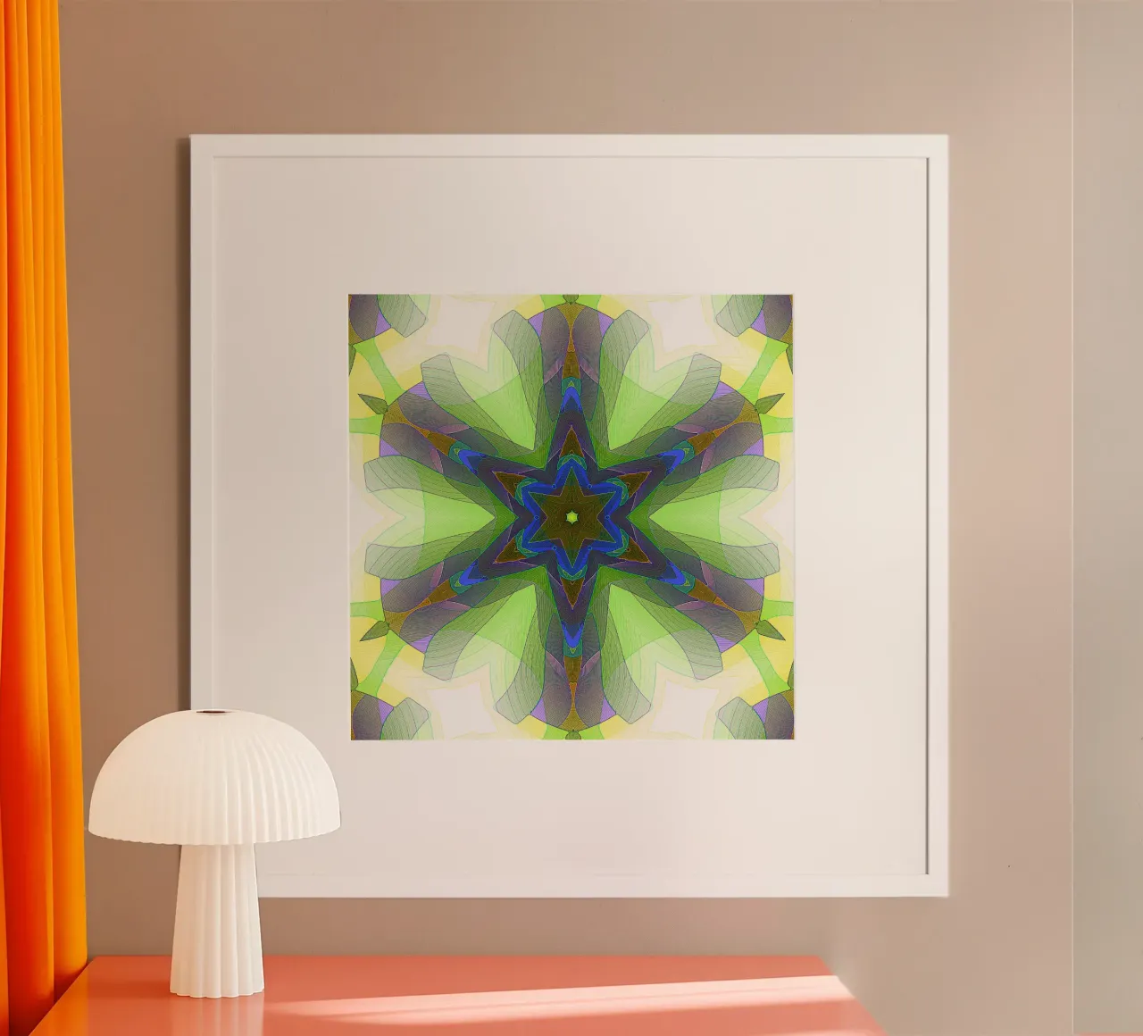 Kaléidoscope avec formes décorées dans les tons vert-jaune-bleu hahnemühle de Gürsel Yesil Digital Art