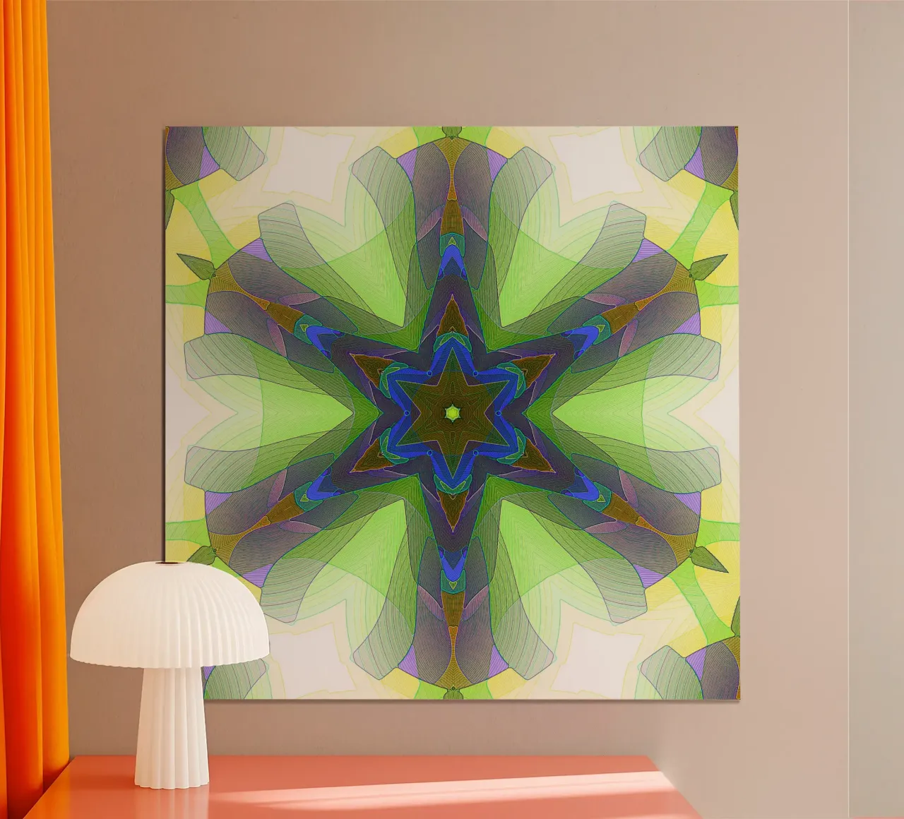 Kaléidoscope avec formes décorées dans les tons vert-jaune-bleu hahnemühle de Gürsel Yesil Digital Art