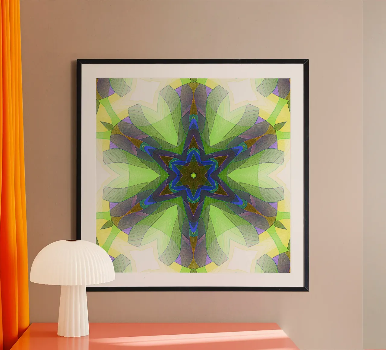 Kaléidoscope avec formes décorées dans les tons vert-jaune-bleu hahnemühle de Gürsel Yesil Digital Art