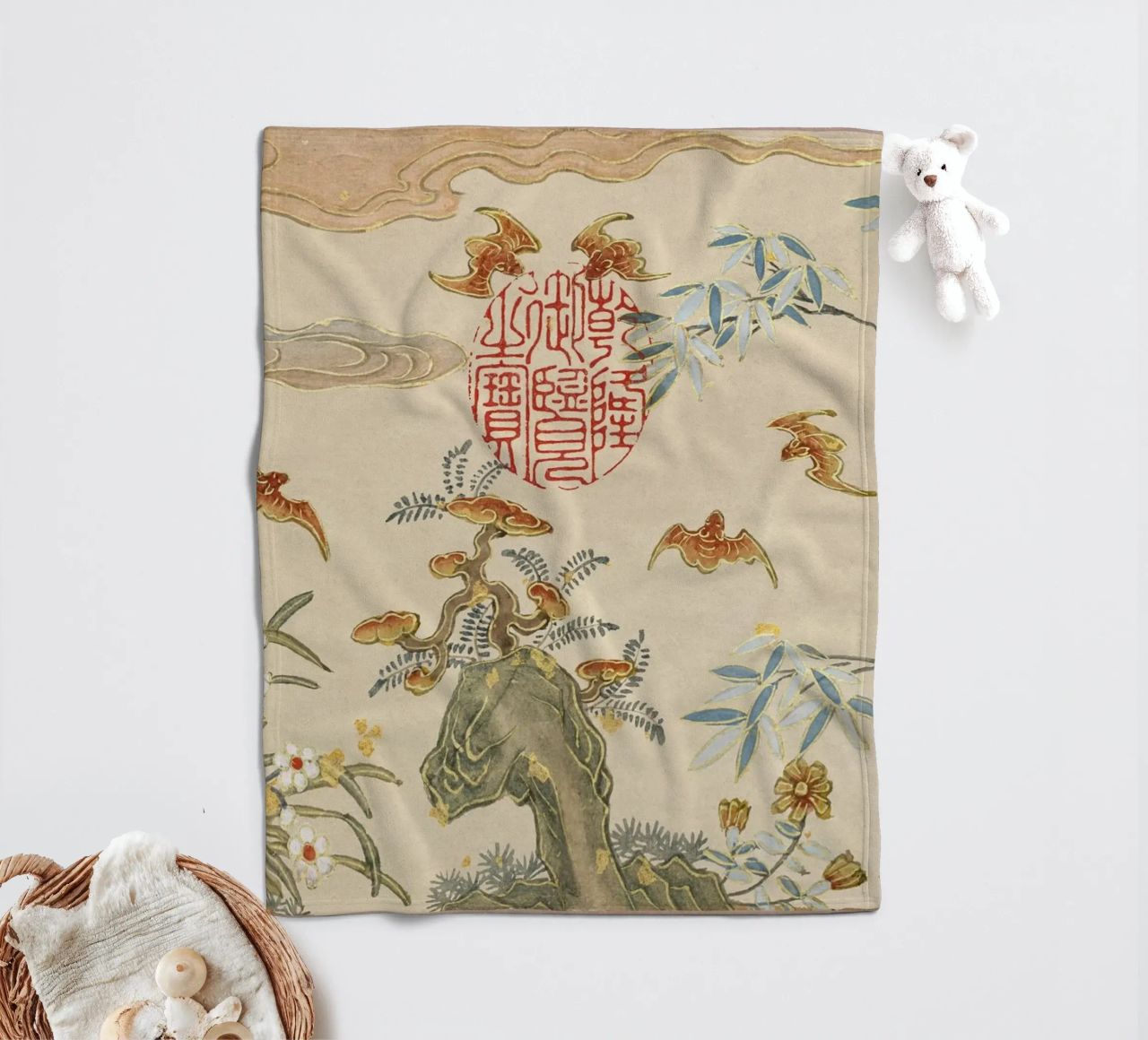 Zhang Ruoai - Pipistrelli, Rocce, Fiori, Arte cinese, Natura, Cal coperta in pile da NorwesClub