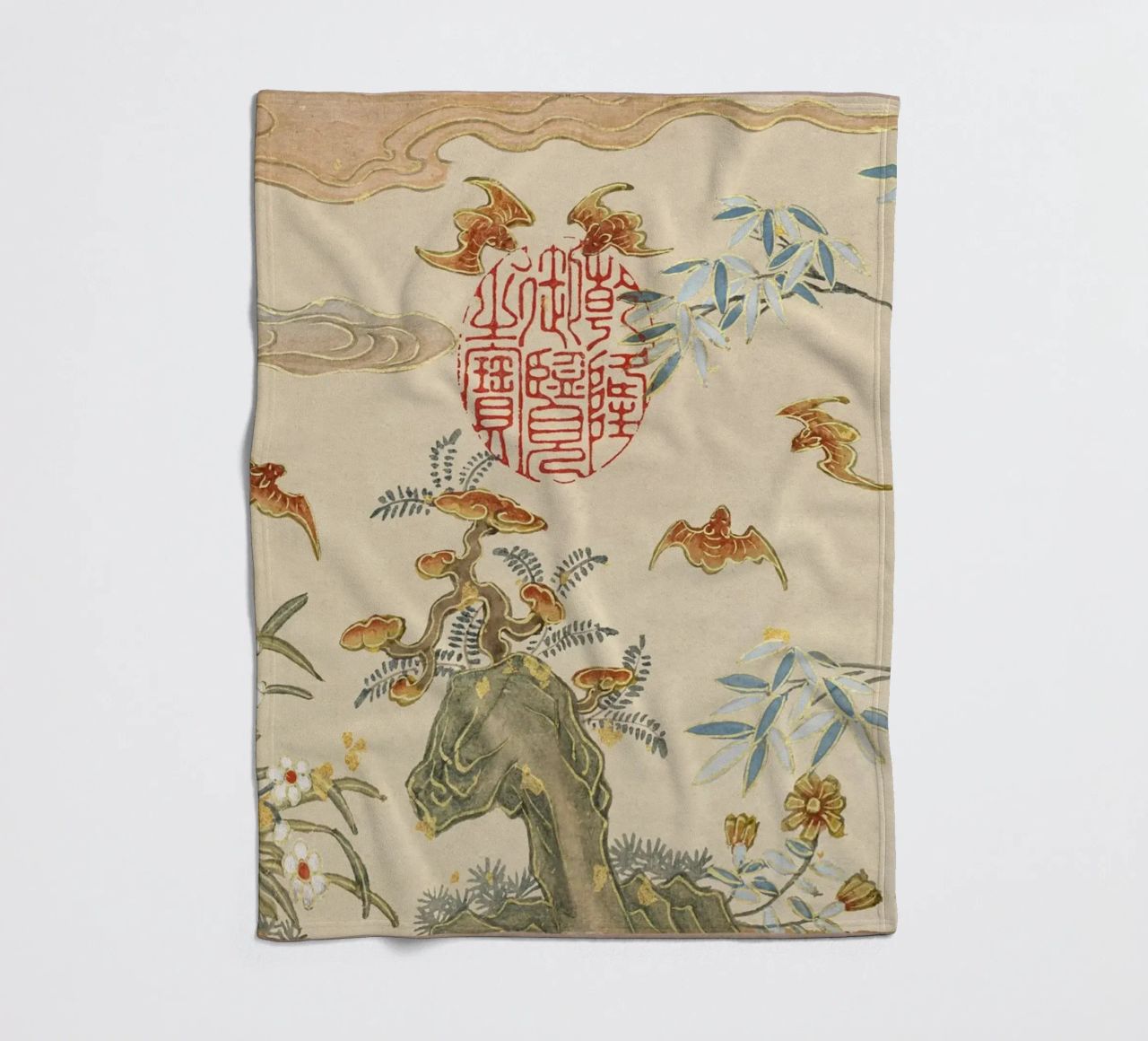 Zhang Ruoai - Pipistrelli, Rocce, Fiori, Arte cinese, Natura, Cal coperta in pile da NorwesClub