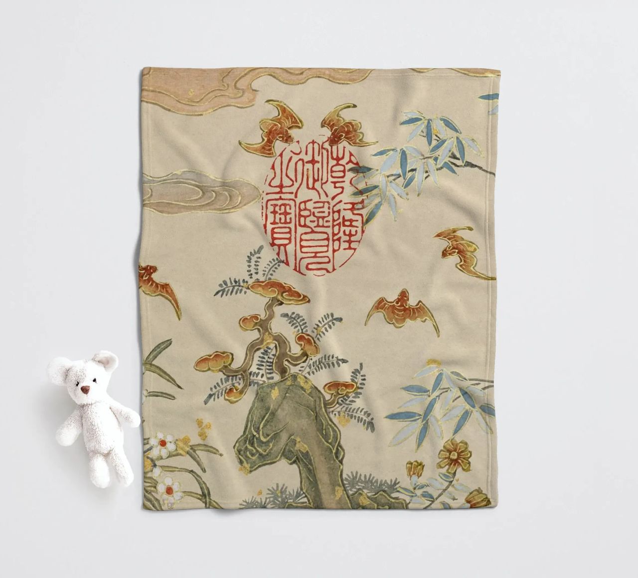 Zhang Ruoai - Pipistrelli, Rocce, Fiori, Arte cinese, Natura, Cal coperta in pile da NorwesClub