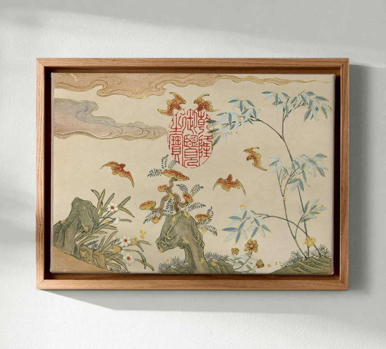 Zhang Ruoai - Pipistrelli, Rocce, Fiori, Arte cinese, Natura, Cal tela con Cornice a cassetta da NorwesClub