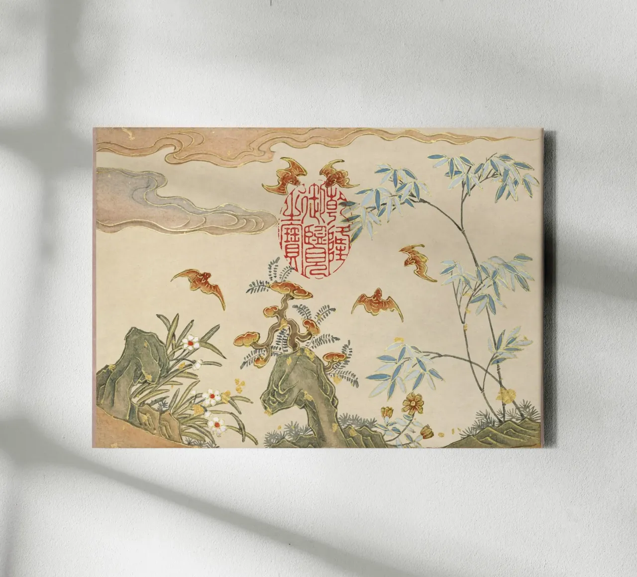 Zhang Ruoai - Pipistrelli, Rocce, Fiori, Arte cinese, Natura, Cal tela con Cornice a cassetta da NorwesClub