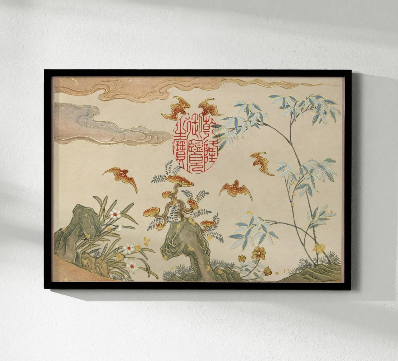 Zhang Ruoai - Pipistrelli, Rocce, Fiori, Arte cinese, Natura, Cal poster da NorwesClub