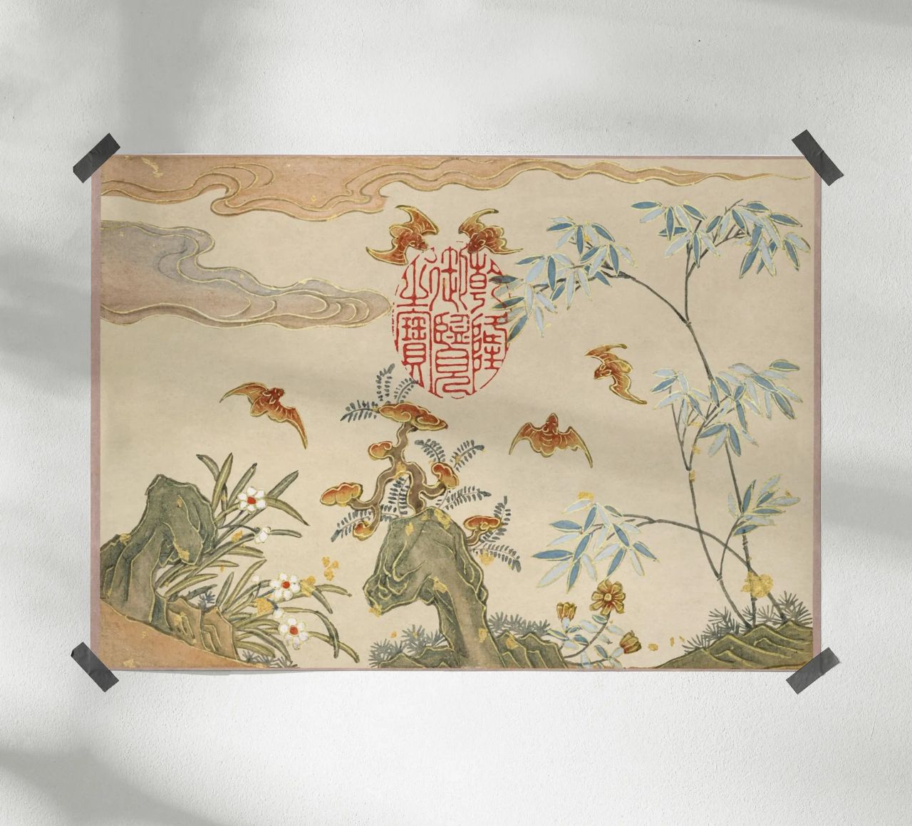Zhang Ruoai - Pipistrelli, Rocce, Fiori, Arte cinese, Natura, Cal poster da NorwesClub