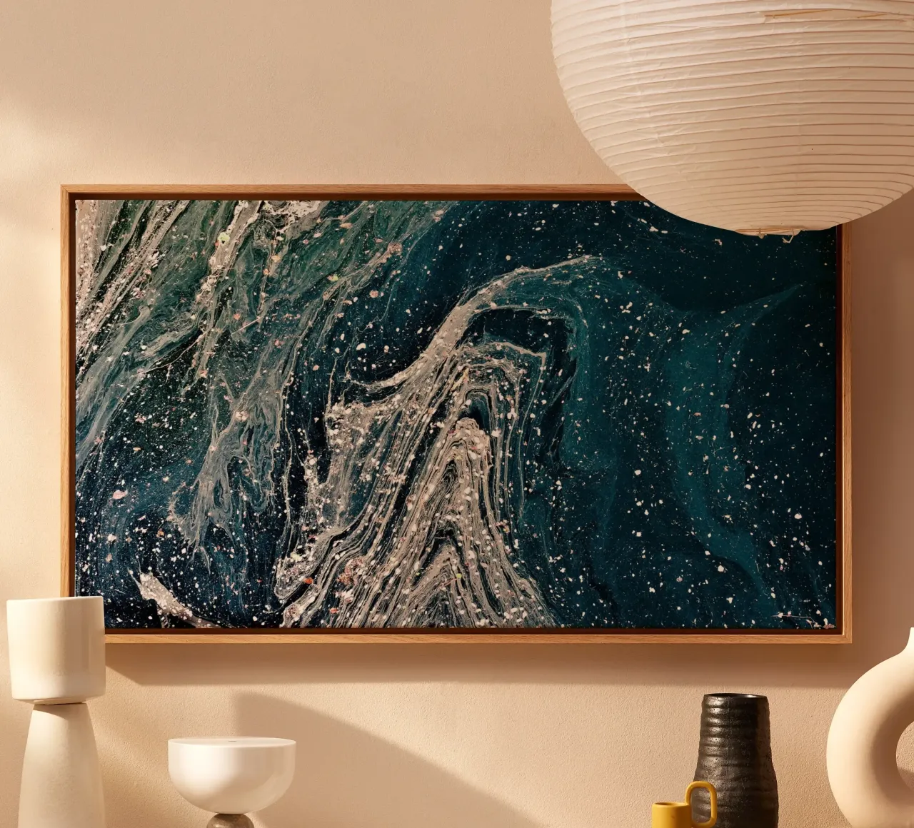 "Swirling Cosmic Currents" - Abstract Marble Fluid Art Print canvas with Floater frame by NorwesClub