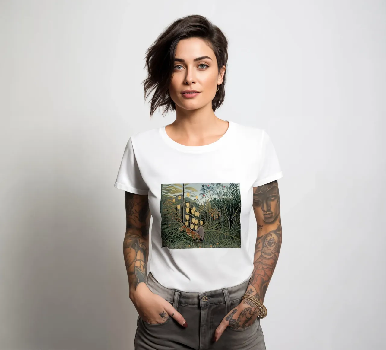 Henri Rousseau "Tiger & Buffalo" - Naïve Art Jungle Print women's fitted t-shirt by NorwesClub