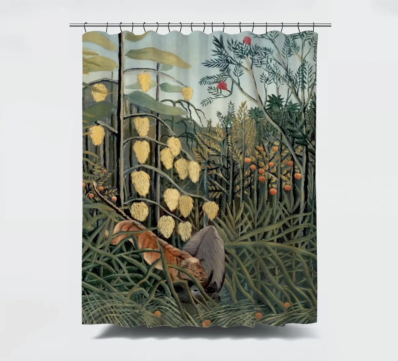 Henri Rousseau "Tijger & Buffel" - Naïeve Kunst Jungle Print douchegordijn van NorwesClub