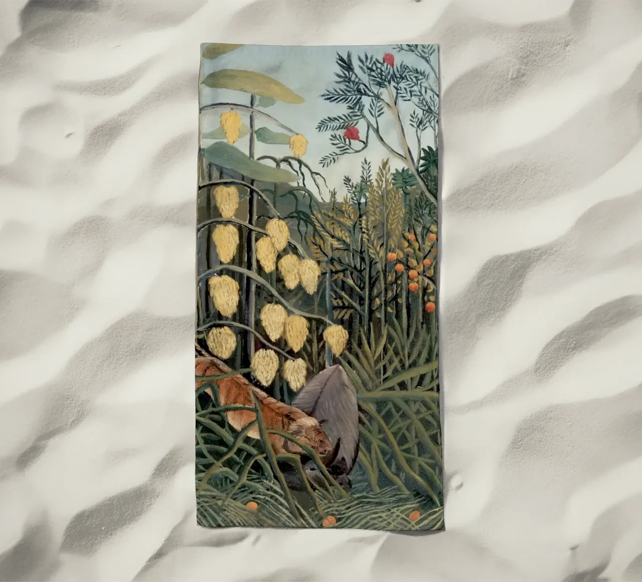 Henri Rousseau "Tiger & Buffalo" - Naïve Art Jungle Print beach towel by NorwesClub