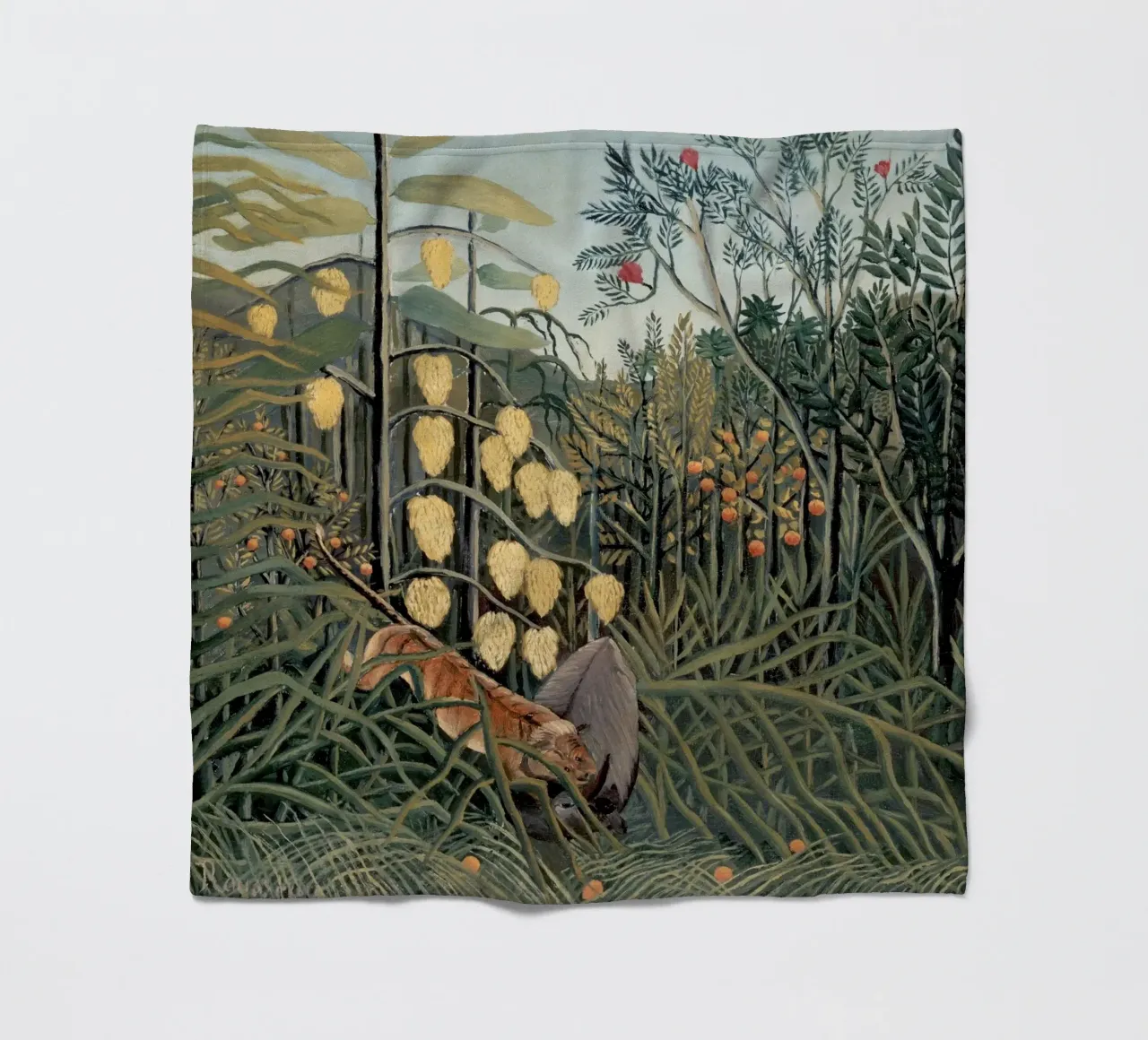 Henri Rousseau "Tiger & Buffalo" - Naïve Art Jungle Print fleece blanket by NorwesClub