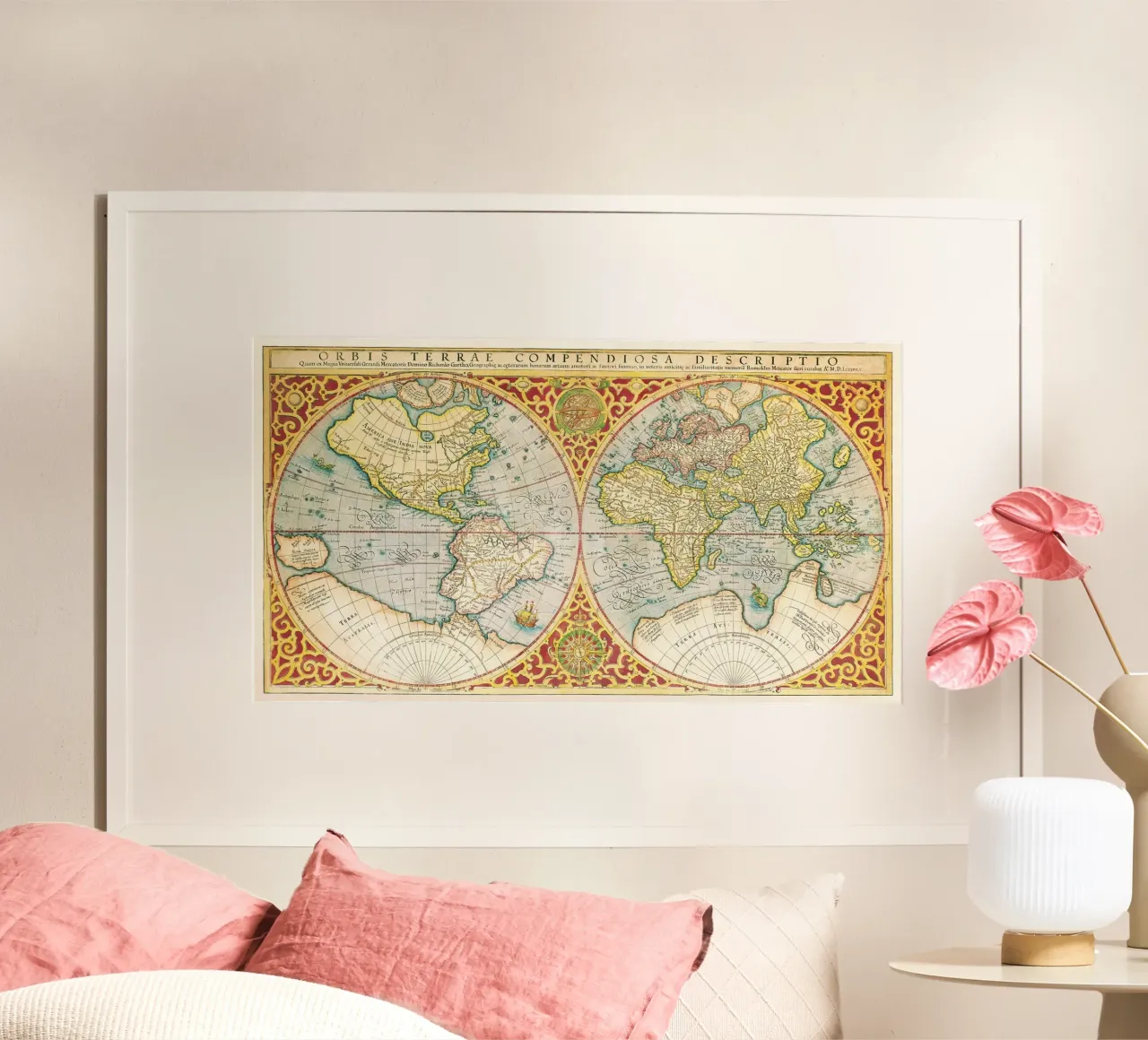 Gerhard Mercator: Mappa del mondo del 1587 - Cartografia rinascimentale M poster con telaio in legno da NorwesClub