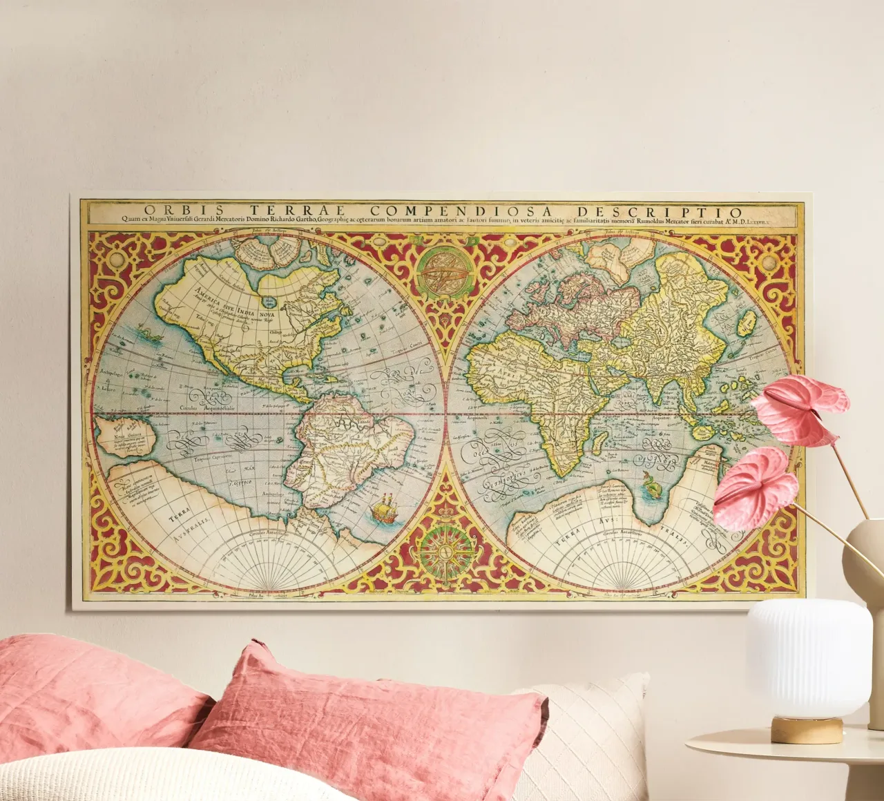 Gerhard Mercator: Mappa del mondo del 1587 - Cartografia rinascimentale M poster con telaio in legno da NorwesClub