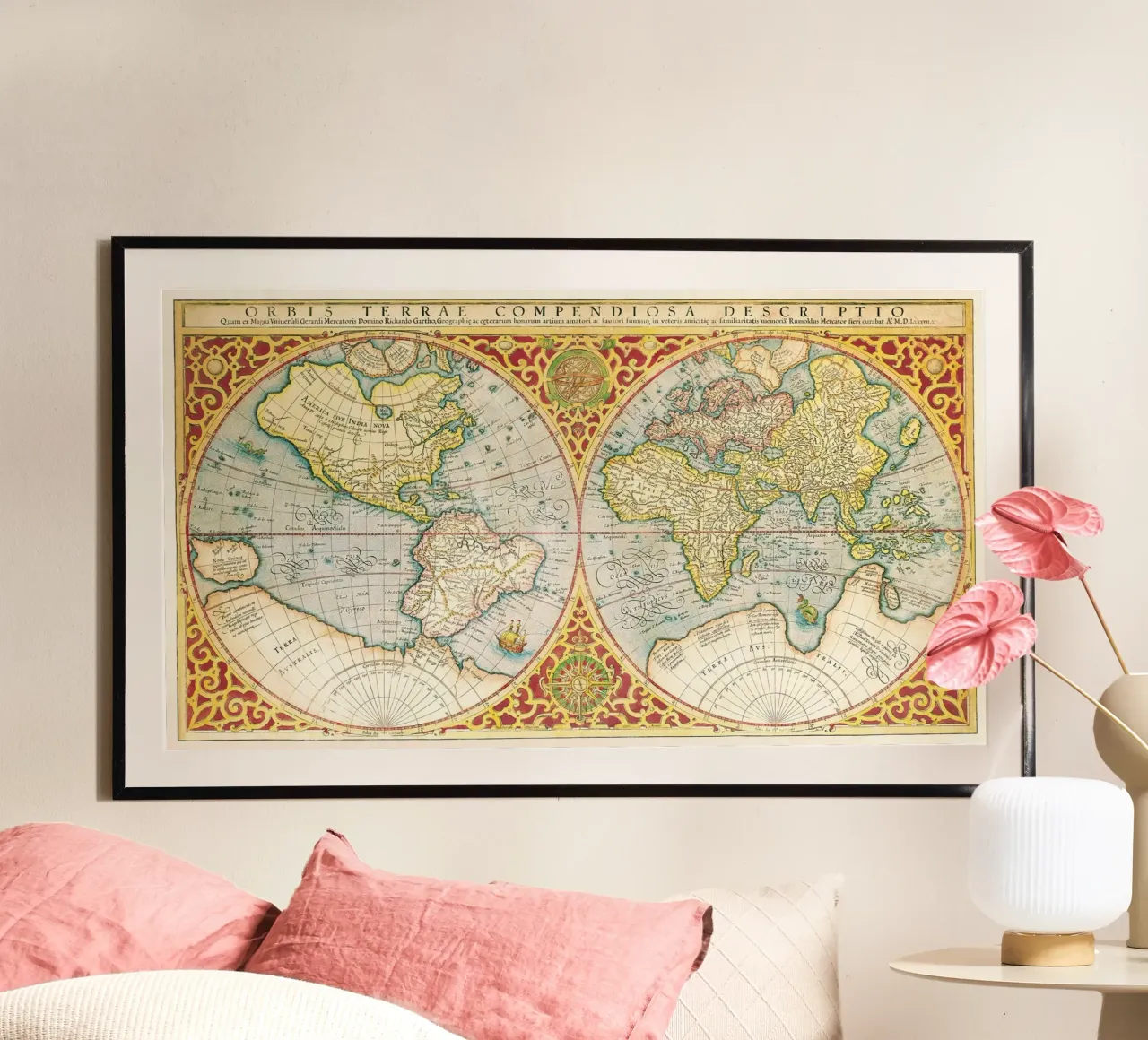 Gerhard Mercator: Mappa del mondo del 1587 - Cartografia rinascimentale M poster con telaio in legno da NorwesClub