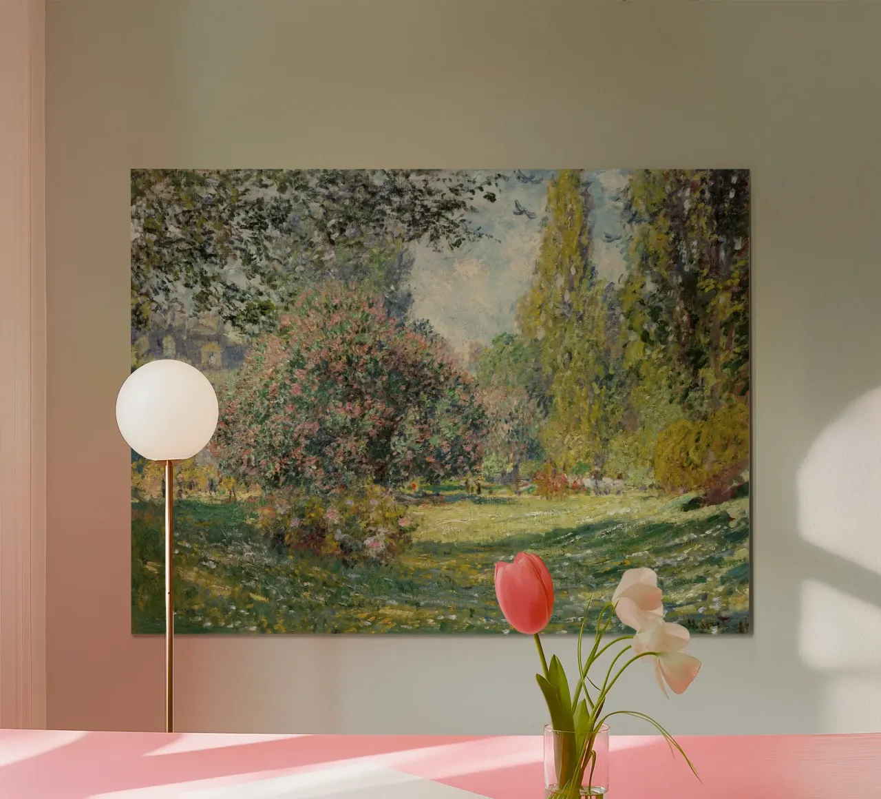 Claude Monet: "Der Parc Monceau" - Lebendiger impressionistischer Garten Poster mit Kunststoffrahmen von NorwesClub