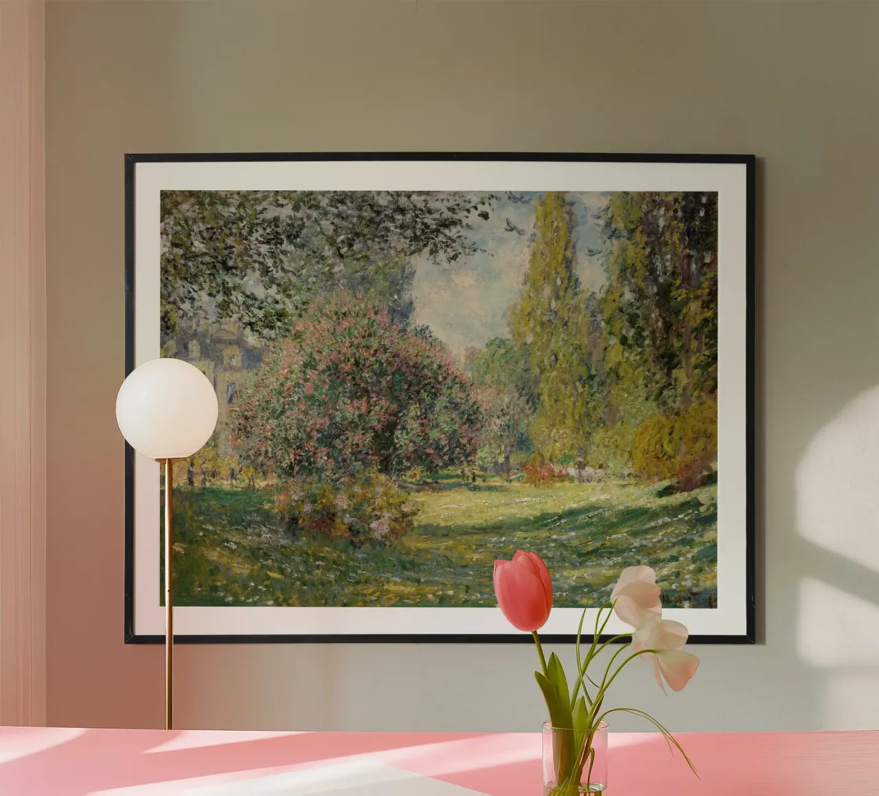 Claude Monet: "Der Parc Monceau" - Lebendiger impressionistischer Garten Poster mit Kunststoffrahmen von NorwesClub