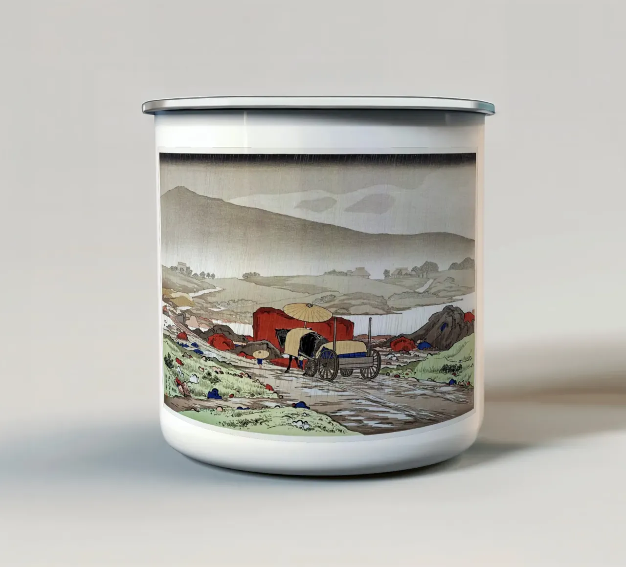 Goyo Hashiguchi - Pioggia di Shin-hanga a Yabakei | Terra giapponese tazza in smalto da NorwesClub