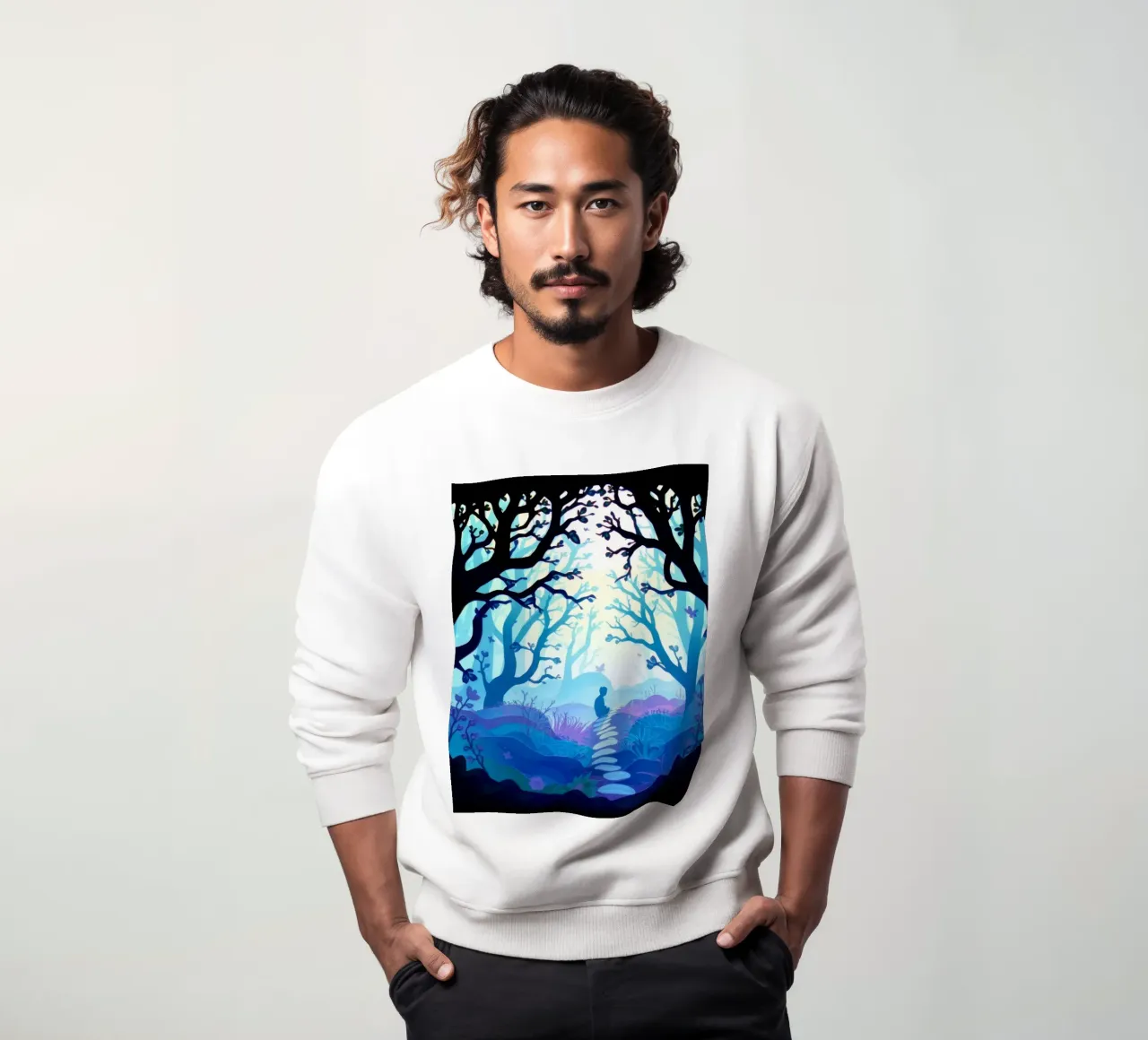 Silhouette di persona seduta tranquillamente tra alberi blu felpa da DesignDoodle