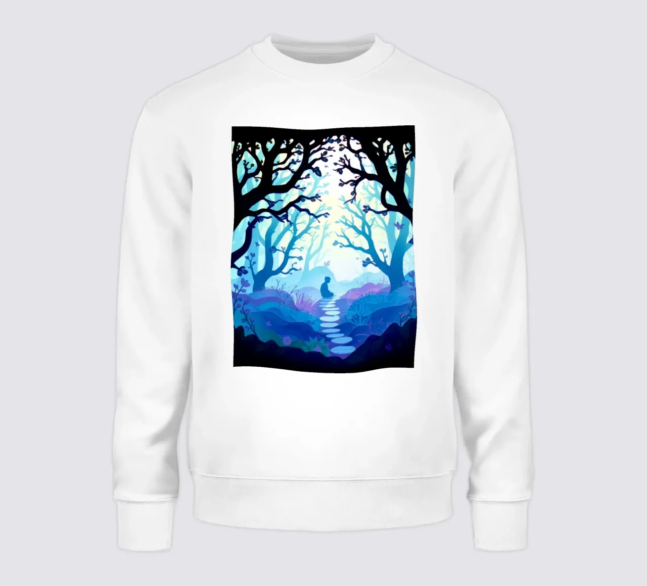 Silhouette di persona seduta tranquillamente tra alberi blu felpa da DesignDoodle