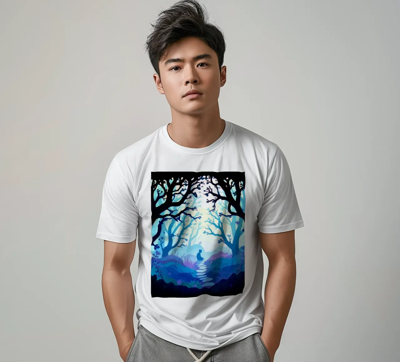 Silhouette of person sitting quietly among blue trees t-shirt by DesignDoodle