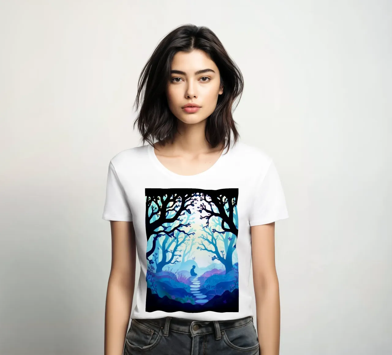 Silhouette of person sitting quietly among blue trees women's fitted t-shirt by DesignDoodle
