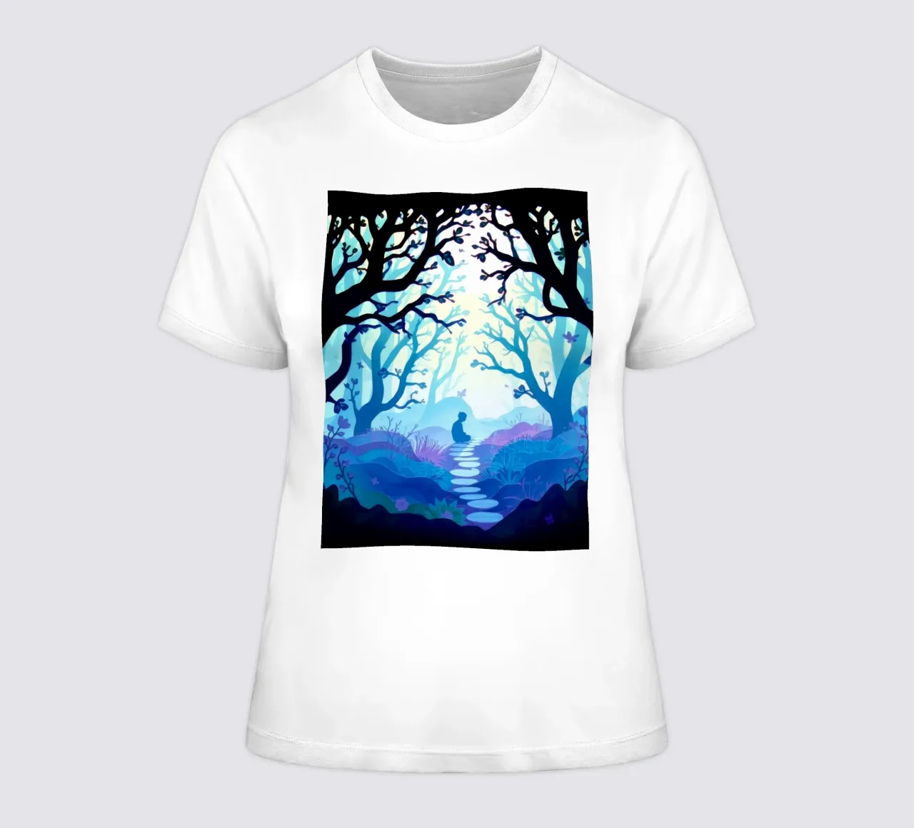 Silhouette of person sitting quietly among blue trees women's fitted t-shirt by DesignDoodle