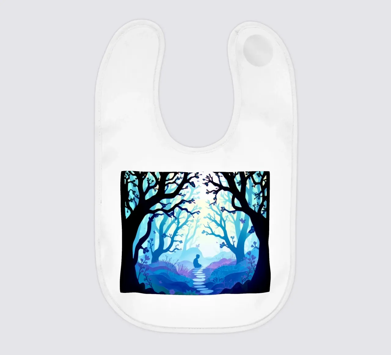 Silhouette di persona seduta tranquillamente tra alberi blu bavaglino da DesignDoodle