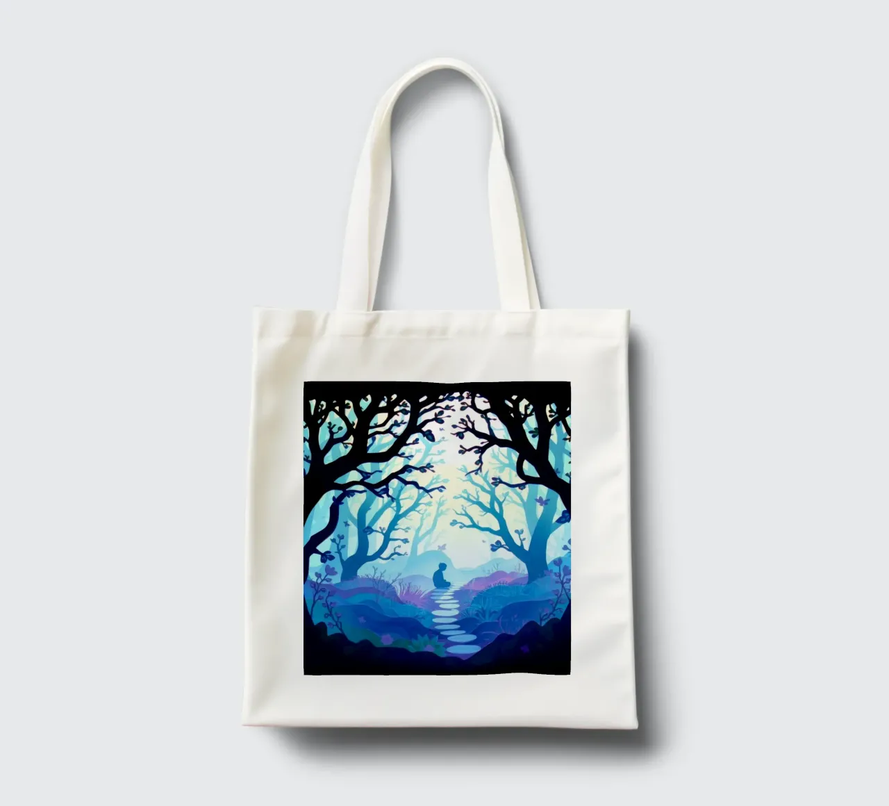 Silhouette of person sitting quietly among blue trees tote bag by DesignDoodle