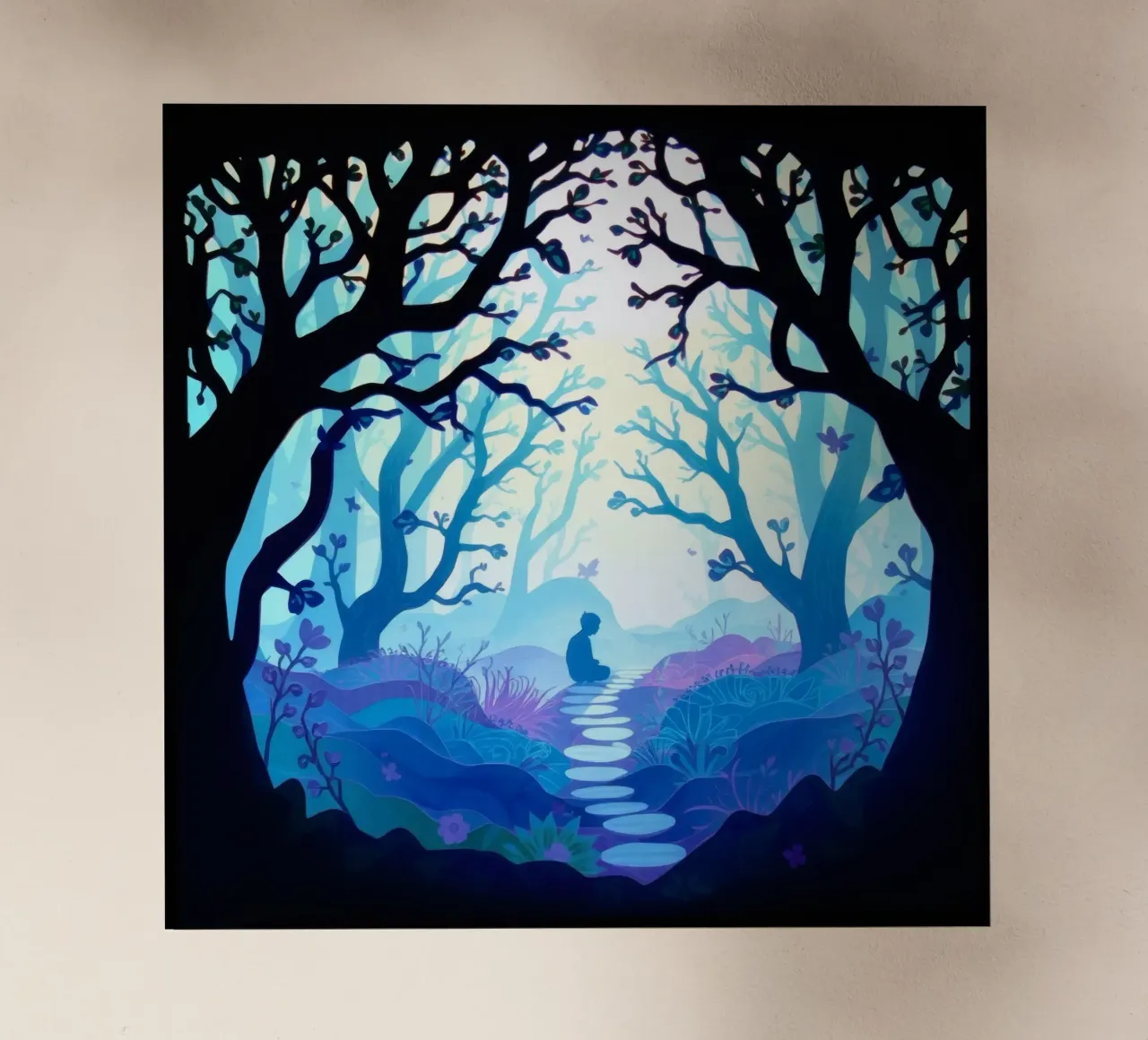 Silhouette of person sitting quietly among blue trees backlit film by DesignDoodle