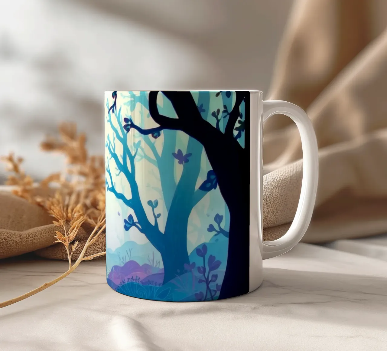 Silhouette di persona seduta tranquillamente tra alberi blu tazza in ceramica da DesignDoodle