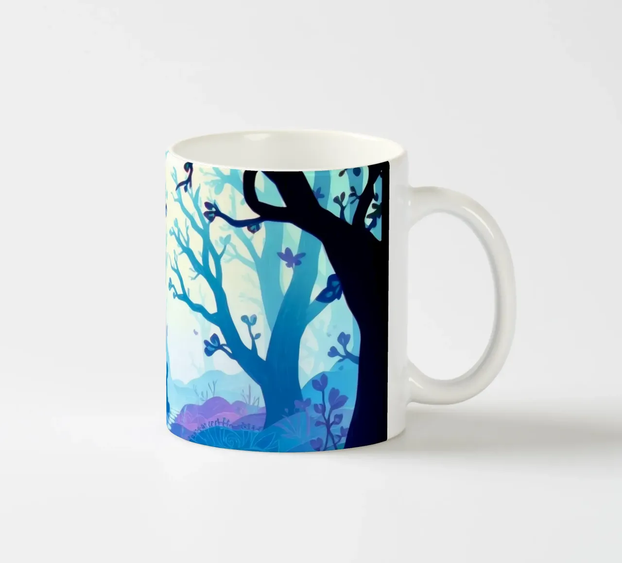 Silhouette di persona seduta tranquillamente tra alberi blu tazza in ceramica da DesignDoodle