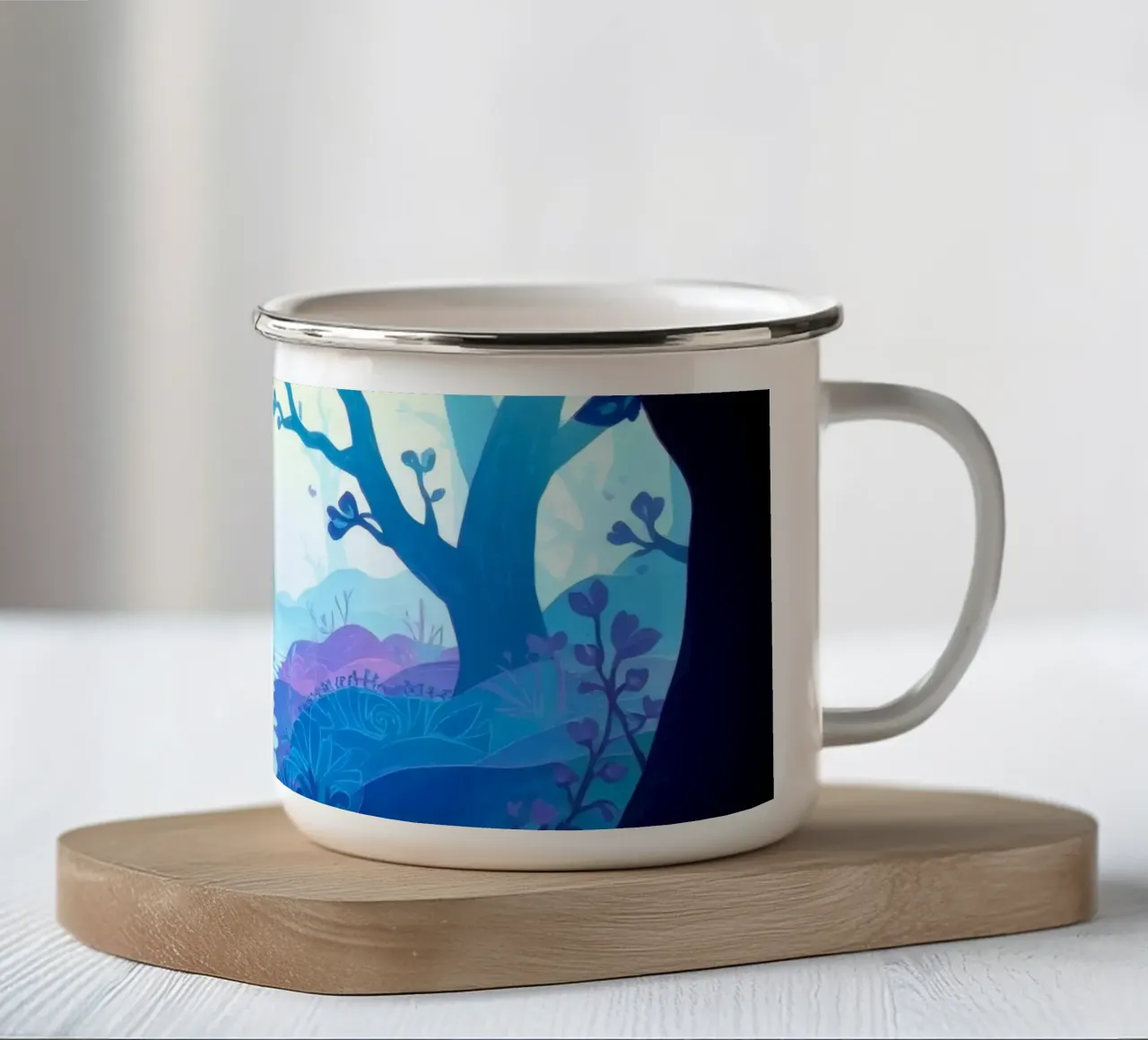 Silhouette di persona seduta tranquillamente tra alberi blu tazza in smalto da DesignDoodle