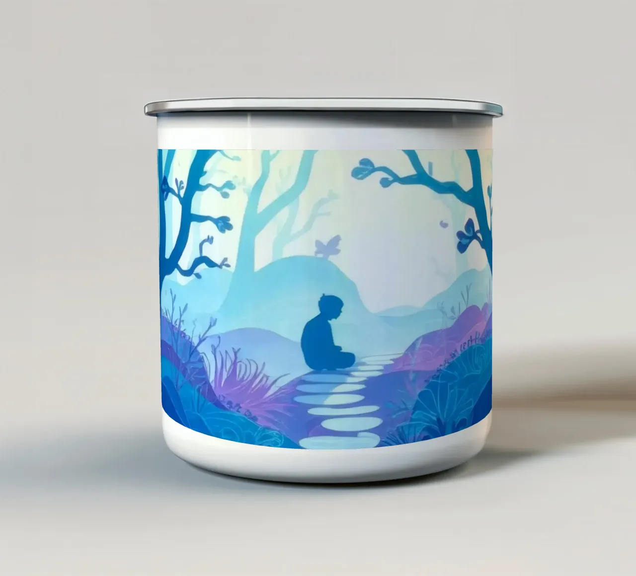 Silhouette di persona seduta tranquillamente tra alberi blu tazza in smalto da DesignDoodle