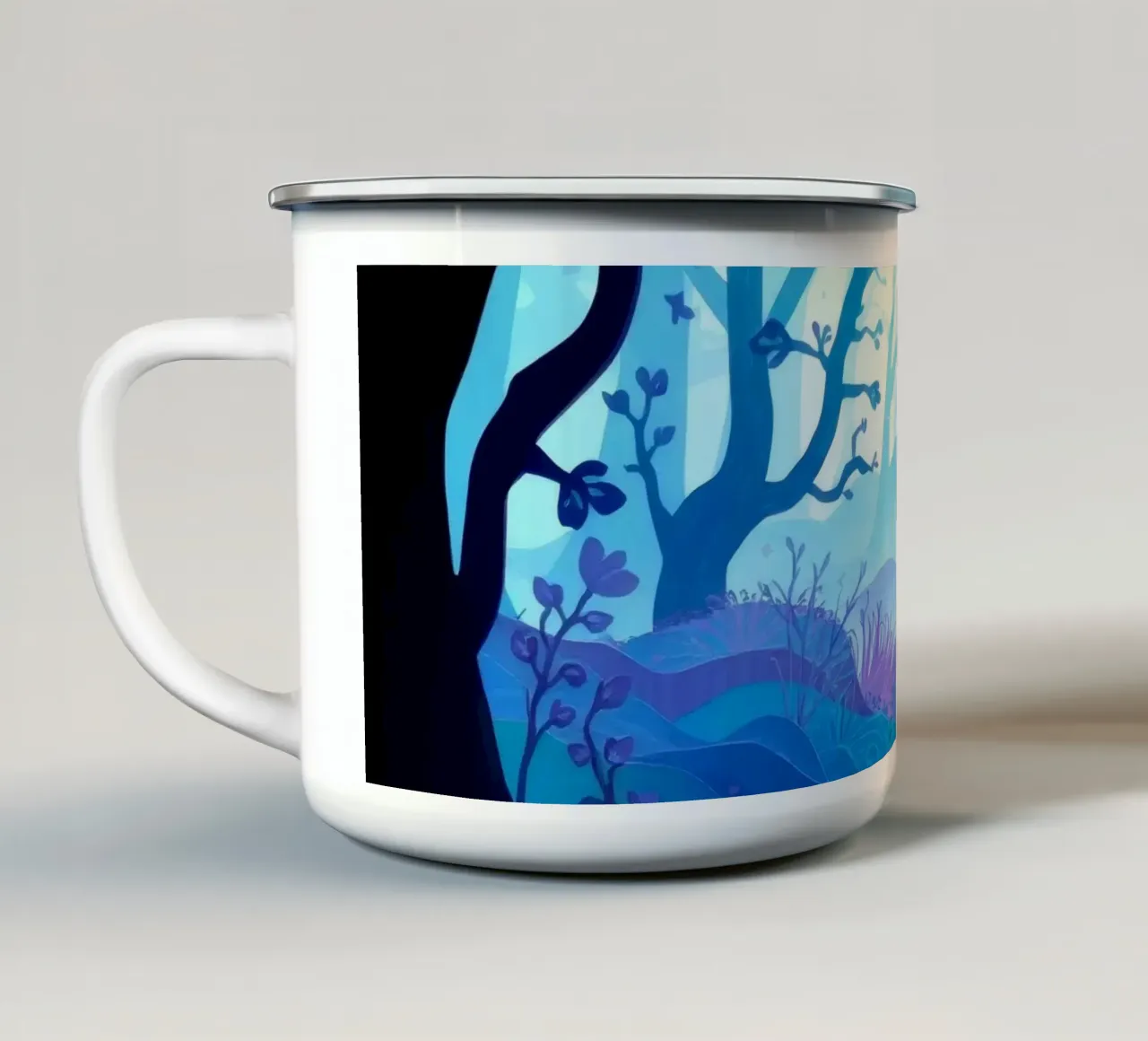 Silhouette di persona seduta tranquillamente tra alberi blu tazza in smalto da DesignDoodle