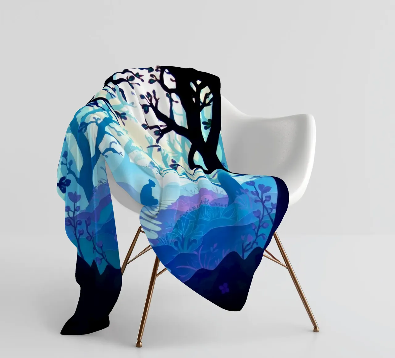 Silhouet van persoon rustig zittend tussen blauwe bomen fleecedeken van DesignDoodle