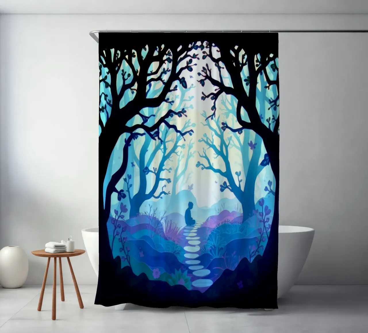 Silhouette of person sitting quietly among blue trees shower curtain by DesignDoodle