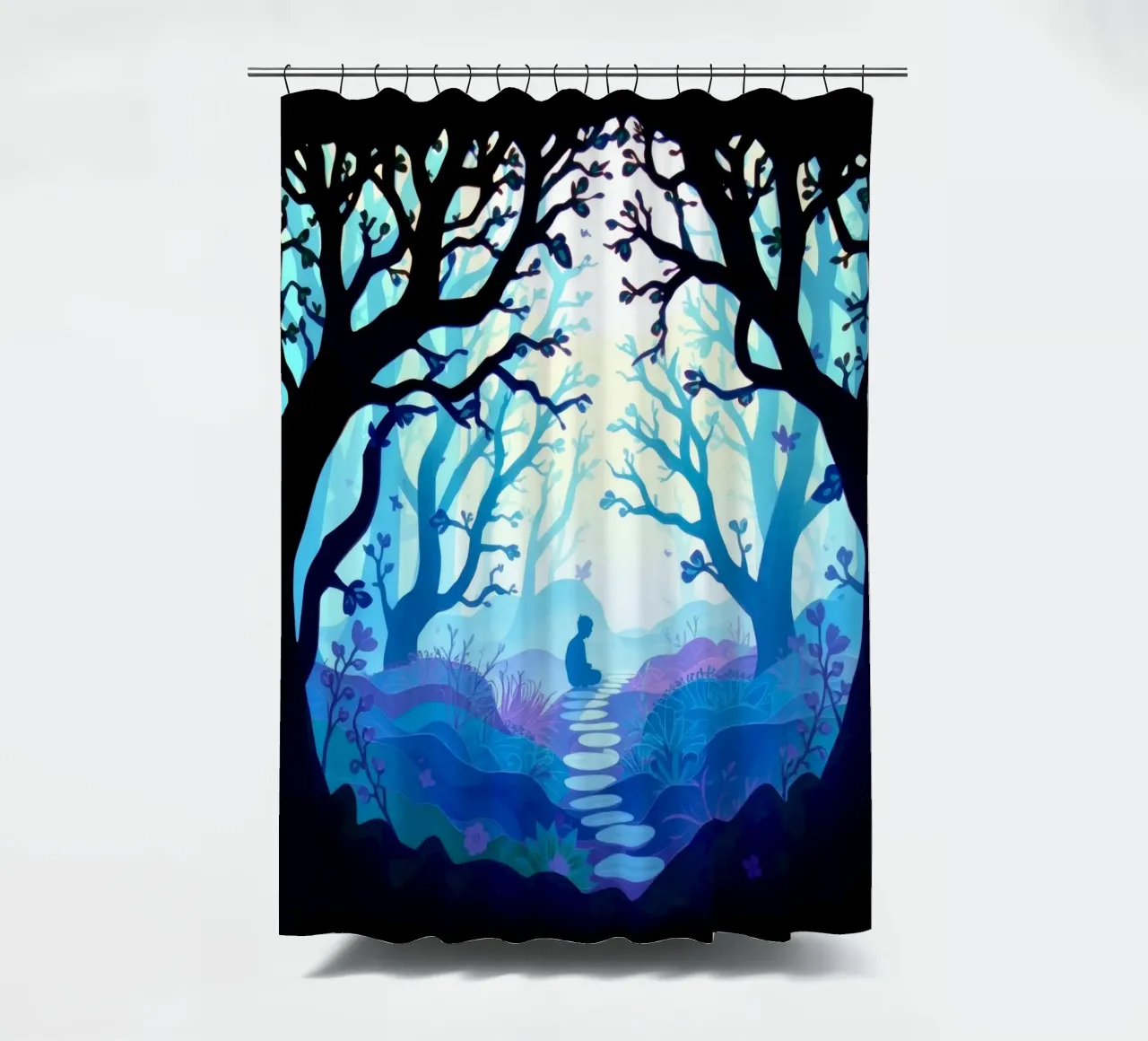 Silhouette of person sitting quietly among blue trees shower curtain by DesignDoodle