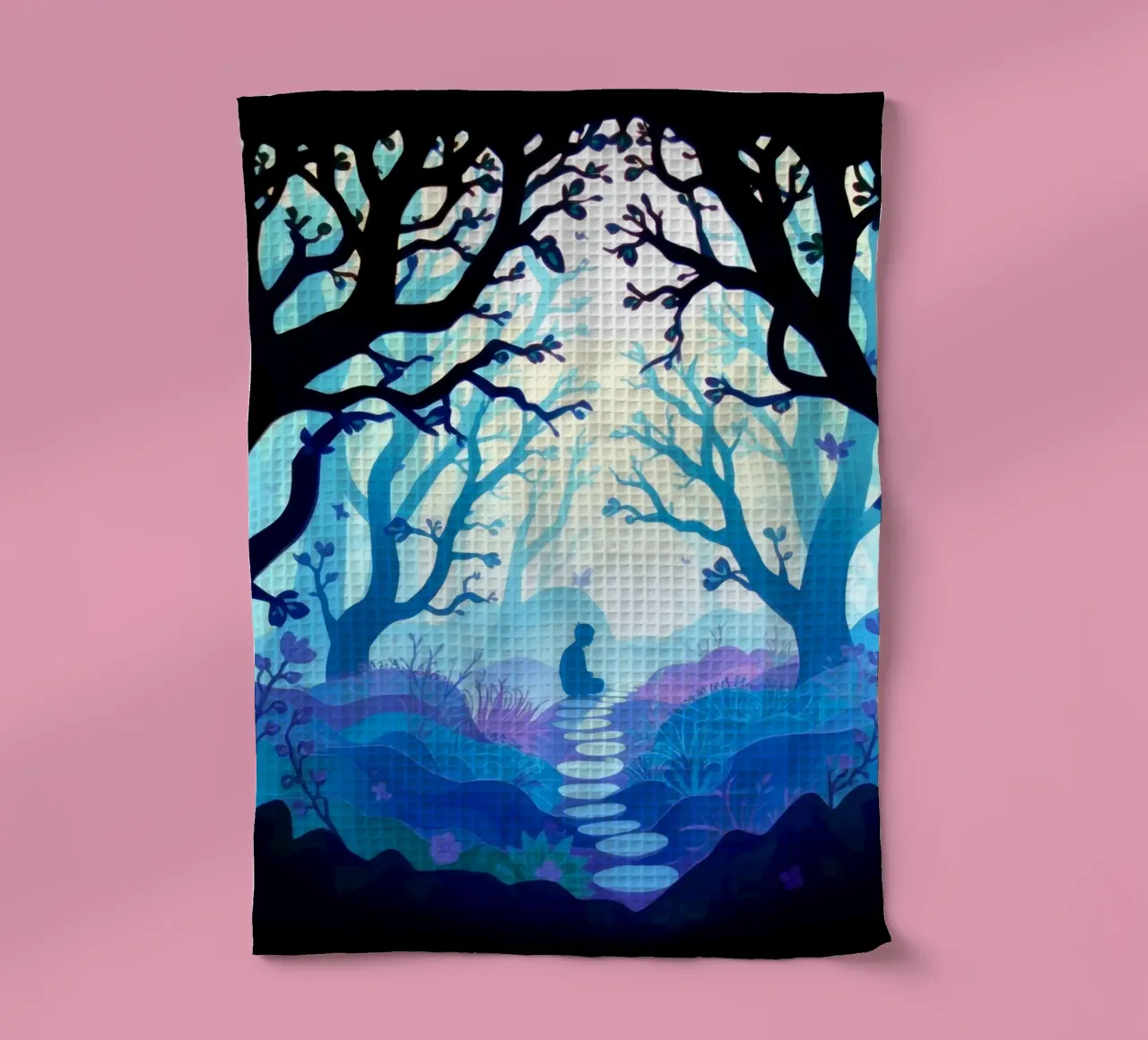Silhouette di persona seduta tranquillamente tra alberi blu canovaccio da cucina da DesignDoodle