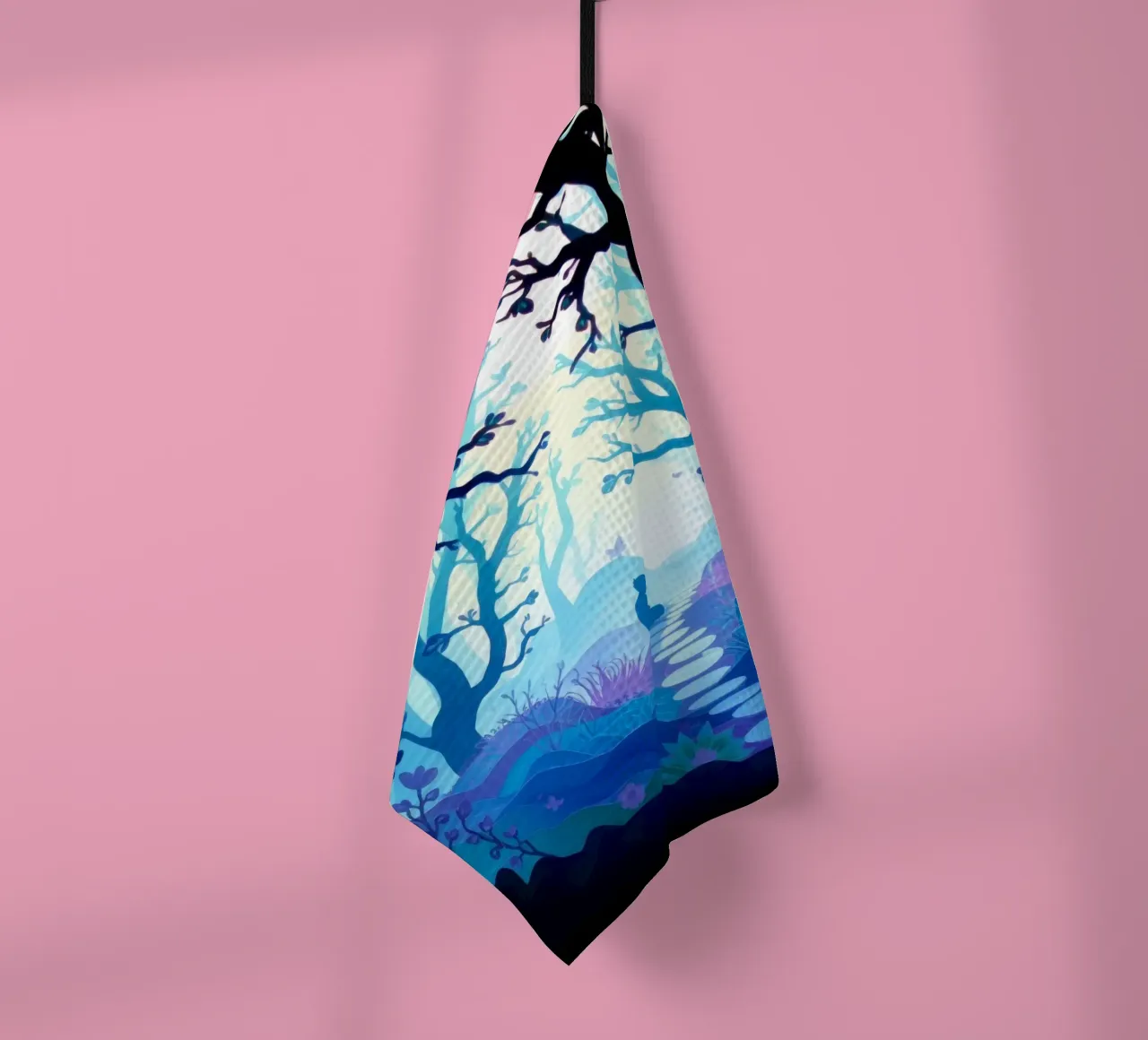 Silhouette di persona seduta tranquillamente tra alberi blu canovaccio da cucina da DesignDoodle