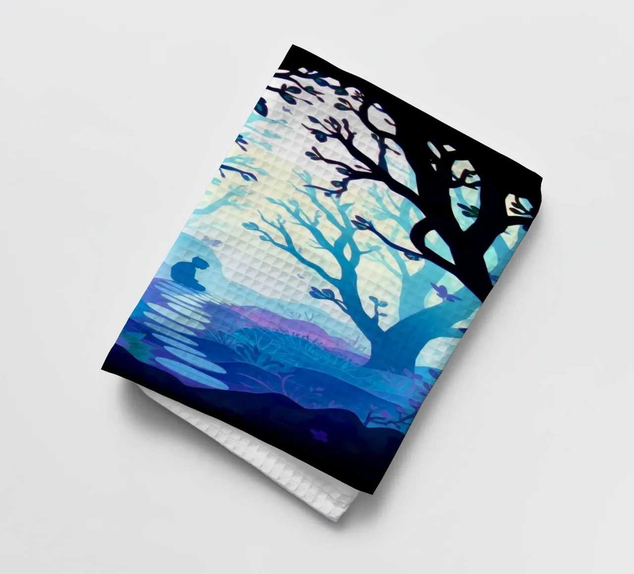 Silhouette di persona seduta tranquillamente tra alberi blu canovaccio da cucina da DesignDoodle