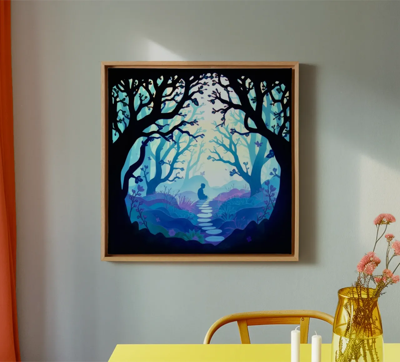 Silhouet van persoon rustig zittend tussen blauwe bomen canvas met Baklijst van DesignDoodle