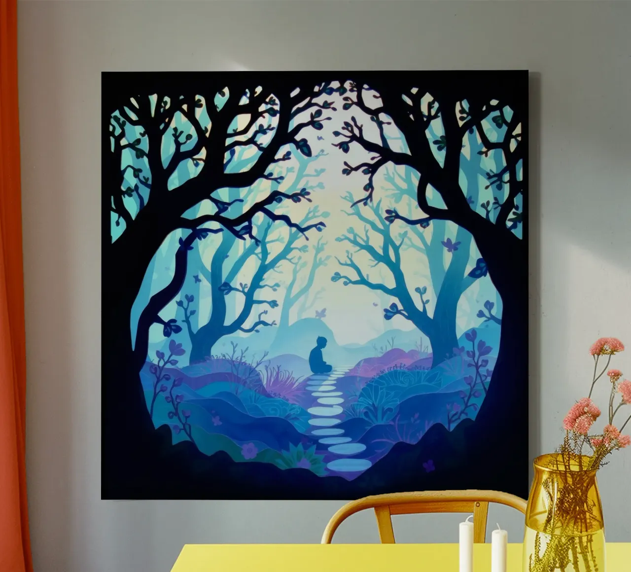 Silhouet van persoon rustig zittend tussen blauwe bomen canvas met Baklijst van DesignDoodle
