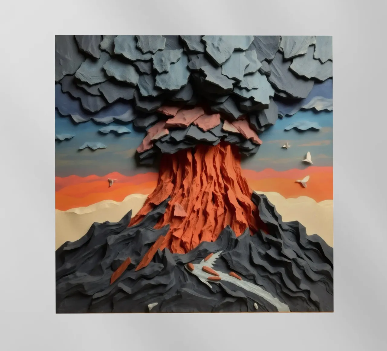 L'opera d'arte sull'eruzione del vulcano mostra strati di lava e nuvole pellicola backlit da DesignDoodle