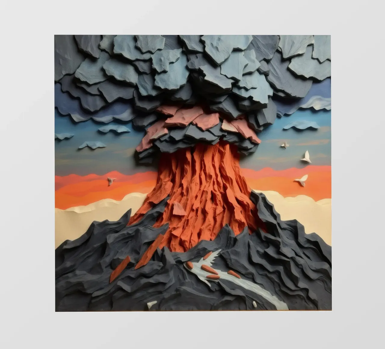 L'opera d'arte sull'eruzione del vulcano mostra strati di lava e nuvole pellicola backlit da DesignDoodle