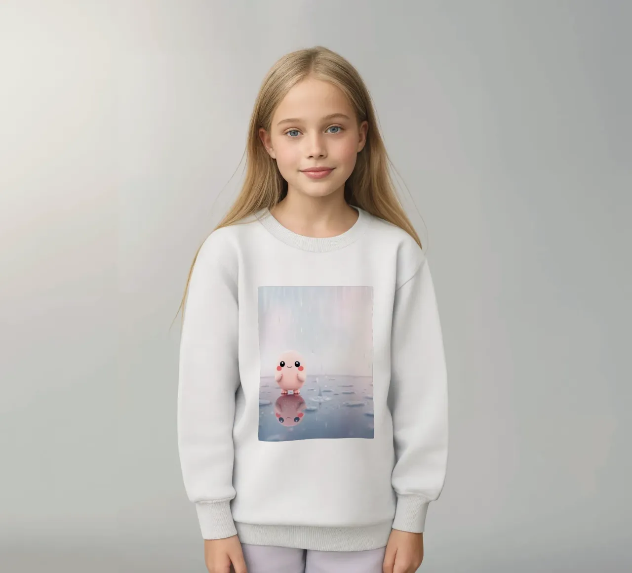 Simpatico personaggio rosa in piedi sotto la pioggia su un riflettore felpa bambino da DesignDoodle