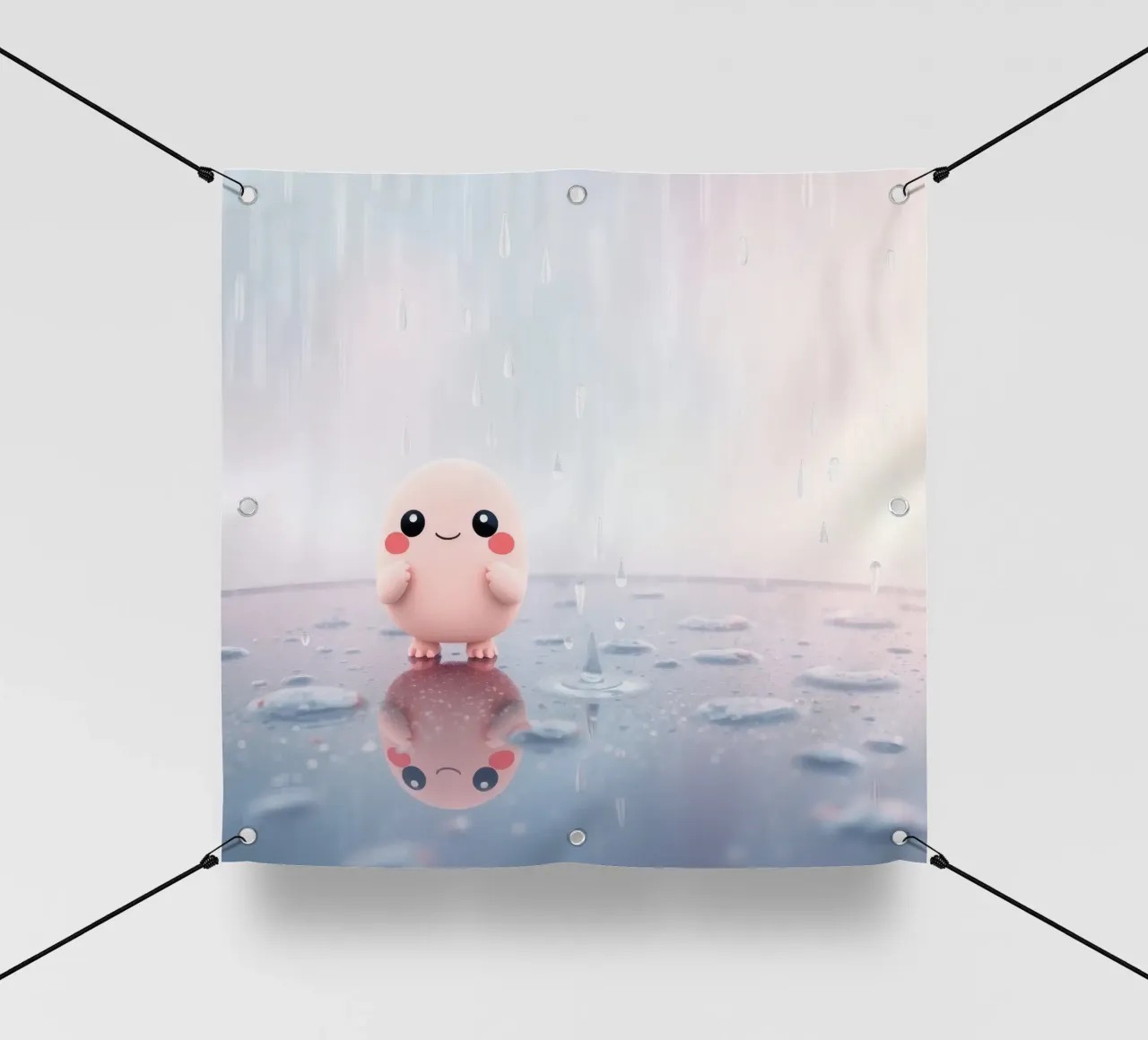 Simpatico personaggio rosa in piedi sotto la pioggia su un riflettore telo in pvc da DesignDoodle